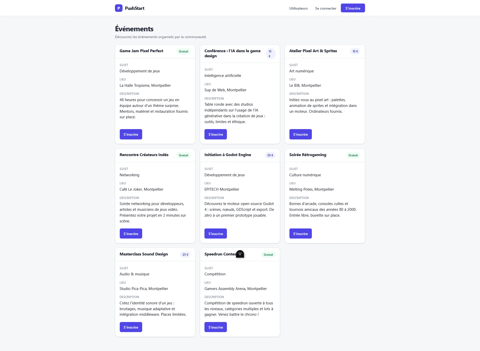 Plateforme de gestion d'événements — Push Start