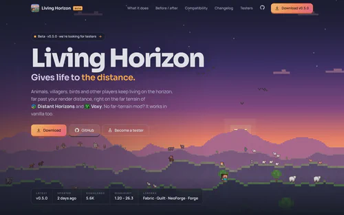 L'accueil : un horizon en pixel art animé en fond, et les chiffres du projet lus en direct (version, date, téléchargements, versions de Minecraft).