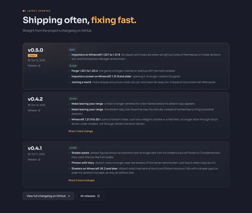 Le changelog, tiré du fichier du dépôt du mod à chaque visite.