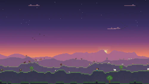 L'horizon en pixel art de l'accueil, animé en direct sur un canvas : collines, mobs, joueurs et oiseaux jusqu'au lointain.