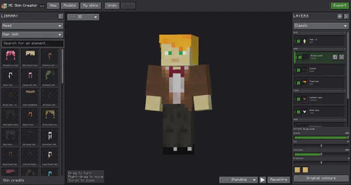 L'éditeur ouvert dans Minecraft : bibliothèque de pièces, aperçu 3D et pile de calques avec leurs réglages.