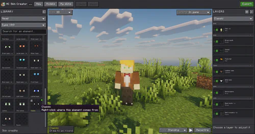 Vue « En jeu » : le vrai personnage, dessiné dans le monde par le moteur de Minecraft, ici sous shader pack.