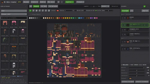 L'éditeur de pixels sur la texture 64×64, avec grille, contours des faces et mode miroir.
